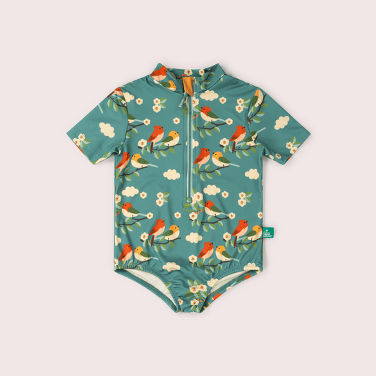 UPF 50 Recycled Short Sleeve Swimsuit | Turquoise Birds