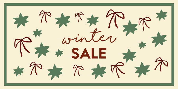 winter sale burgundy text on cream background with green stars and burgundy bows