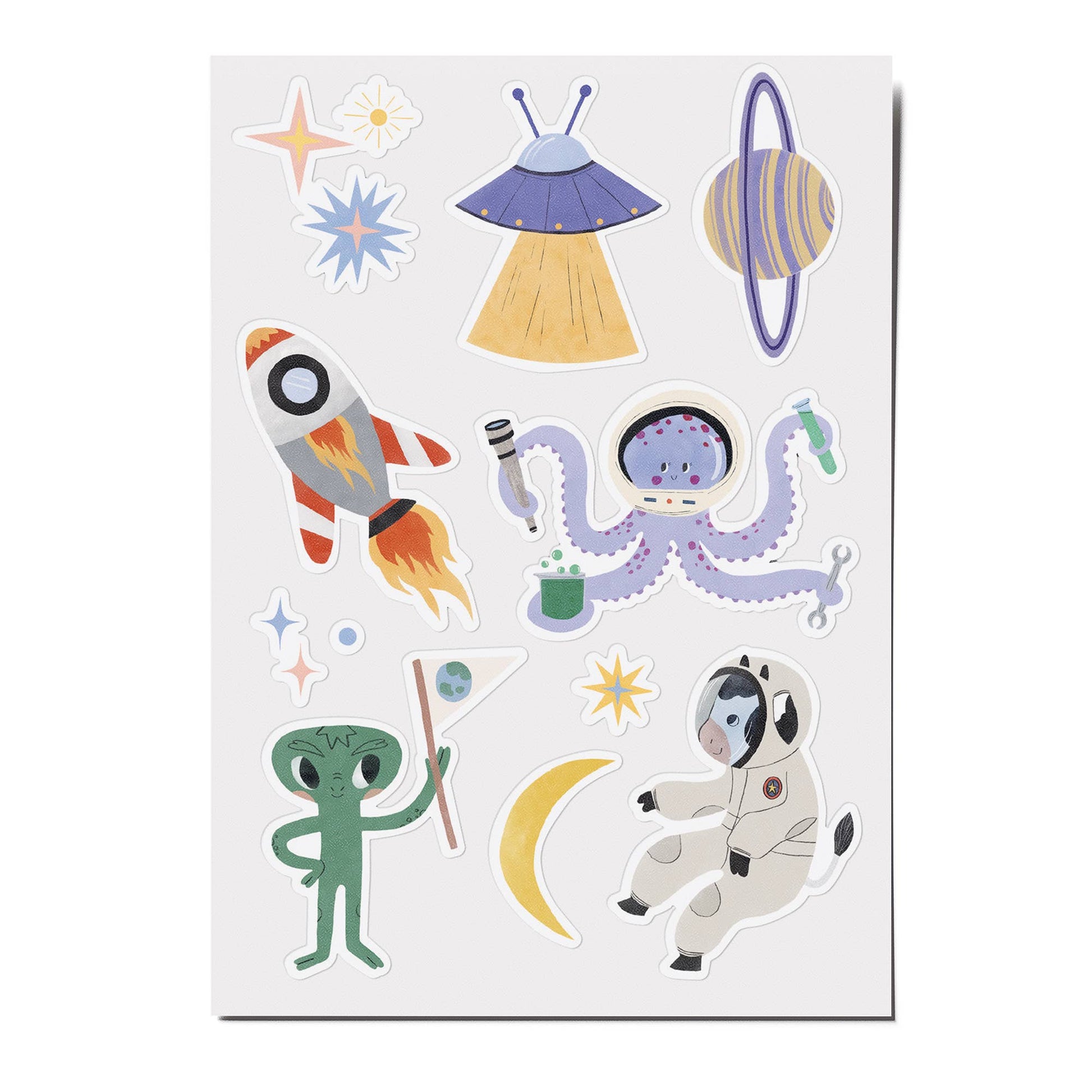 Sheet of space-themed stickers featuring rockets, aliens, and planets on a white background.