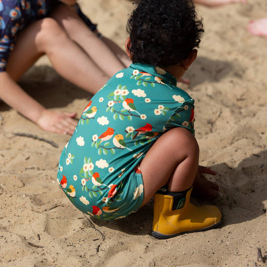 UPF 50 Recycled Short Sleeve Swimsuit | Turquoise Birds