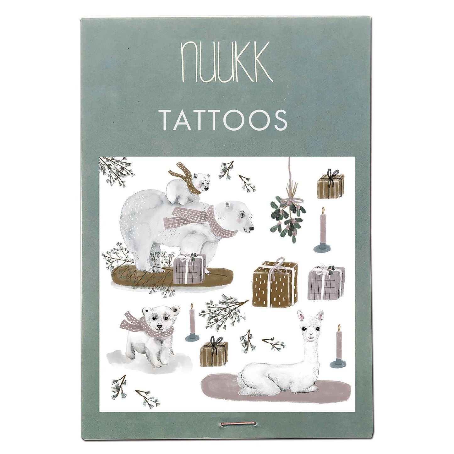 Nuukk tattoos packaging with polar bears and gift designs on a light blue background