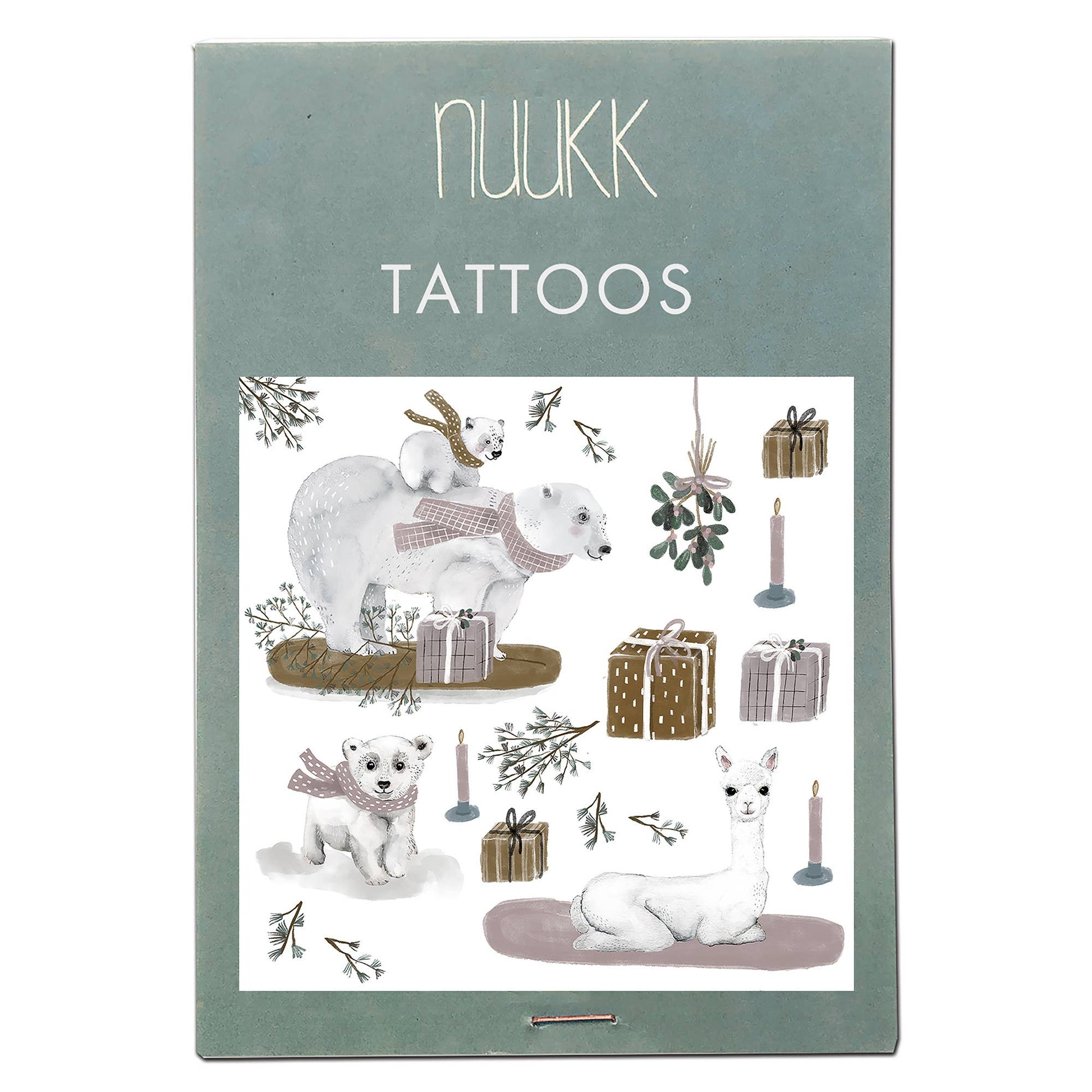 Nuukk tattoos packaging with polar bears and gift designs on a light blue background