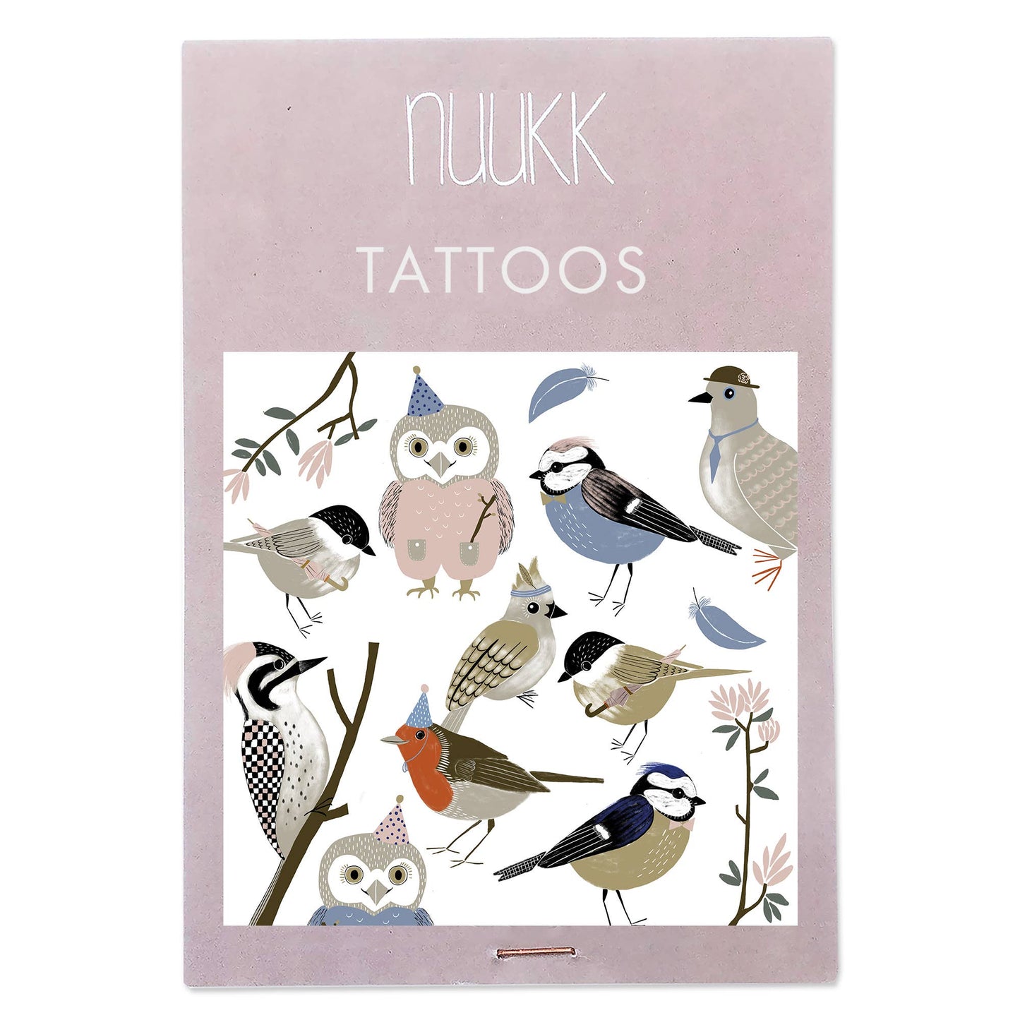 NUUK tattoos packaging with illustrations of birds and owls on a pink background