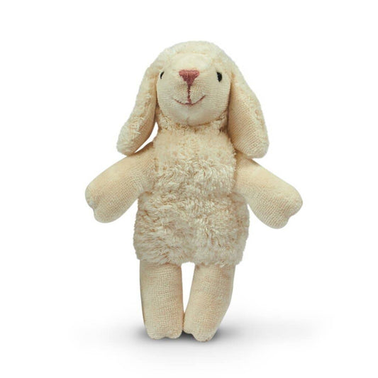 Cream-colored stuffed bunny toy on a white background
