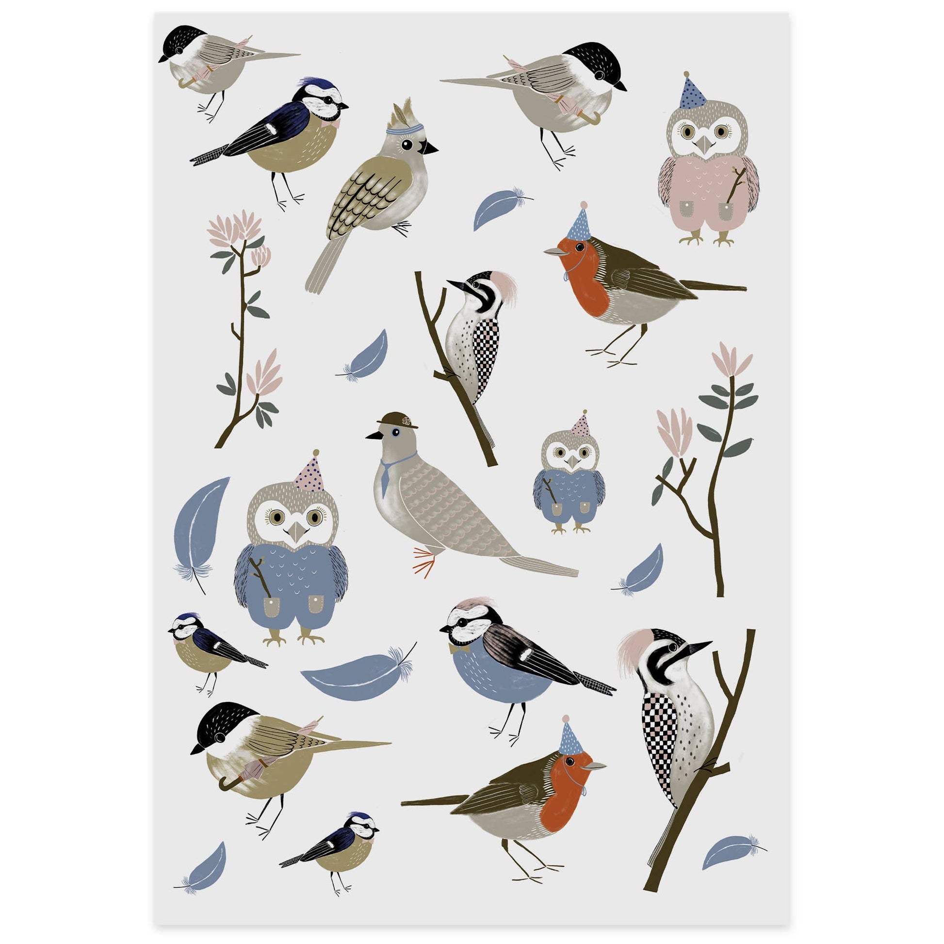 Pattern of illustrated birds and branches on a white background