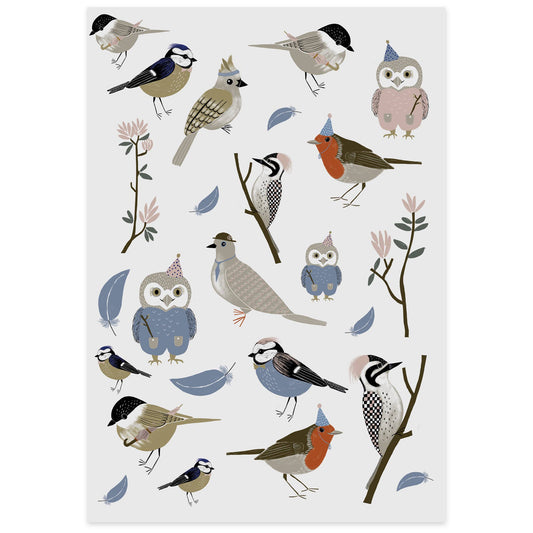 Pattern of illustrated birds and branches on a white background