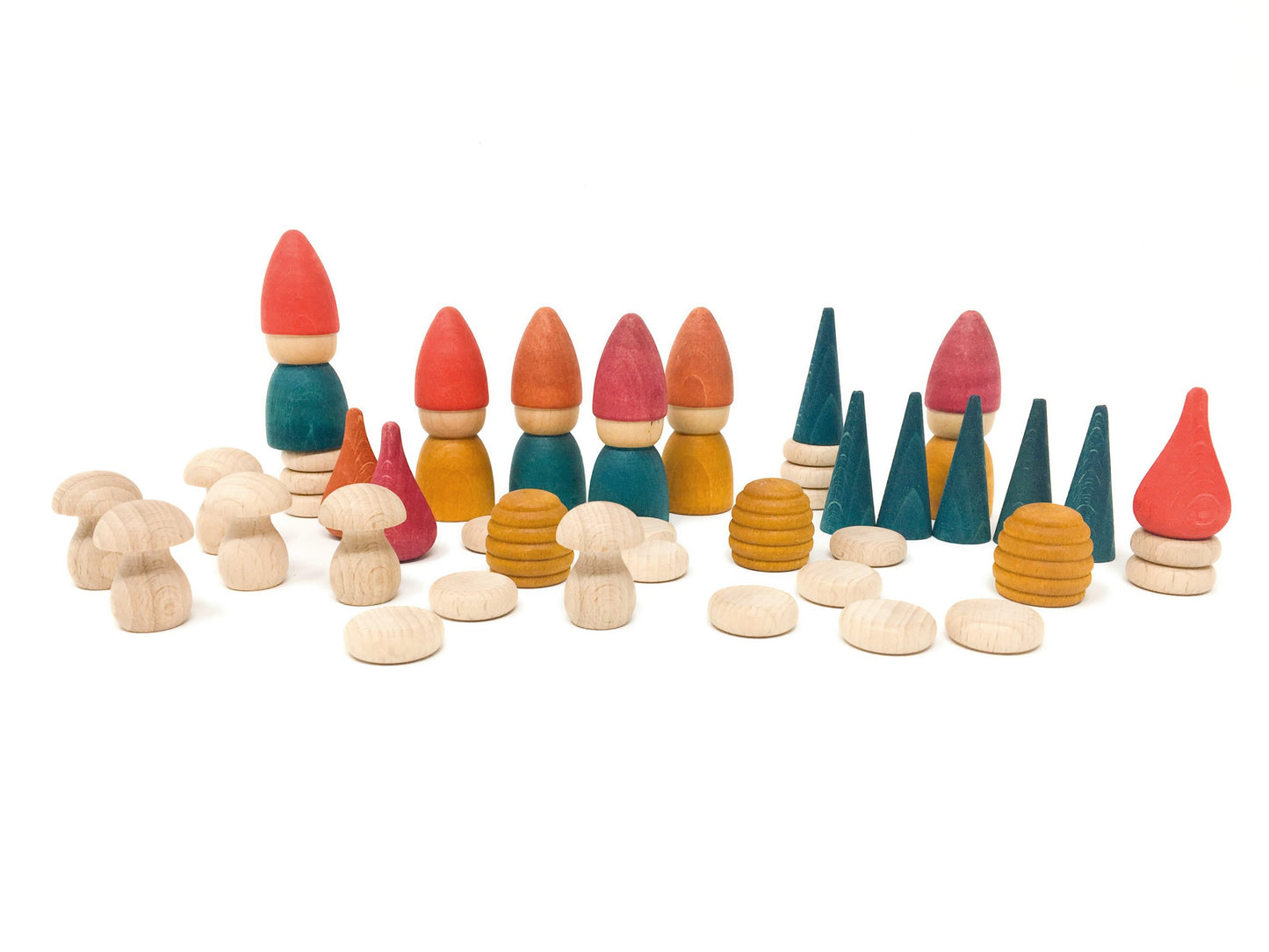 nins tomten grapat little gnome like peg dolls, cones, mushrooms and coins on a white background