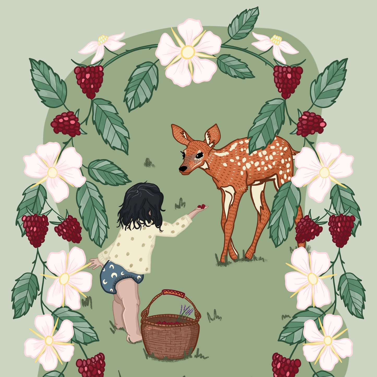 Illustrated gift card depicting a child interacting with nature, surrounded by floral elements and a deer, with a 'Loving Nature' banner at the bottom.