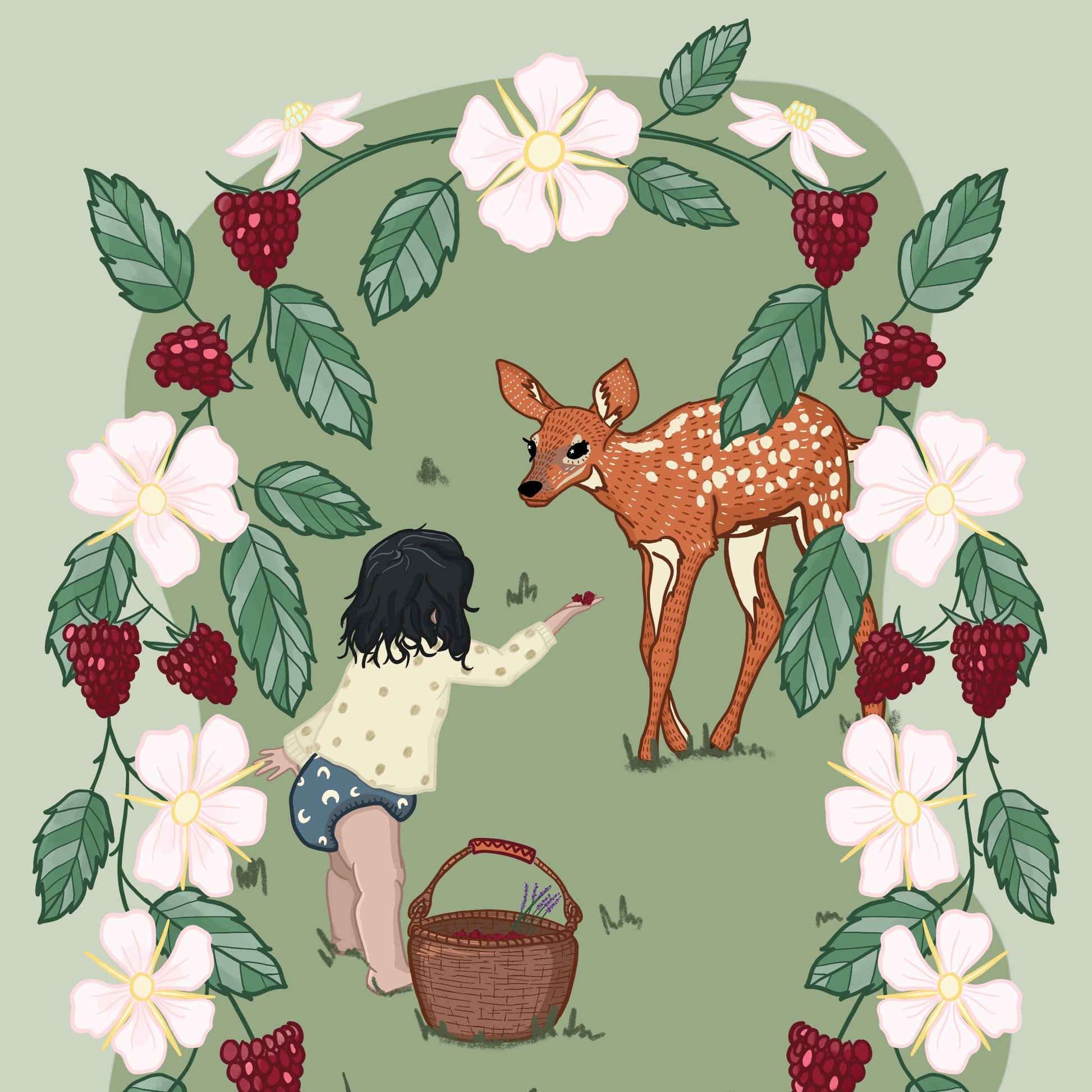 Illustrated gift card depicting a child interacting with nature, surrounded by floral elements and a deer, with a 'Loving Nature' banner at the bottom.