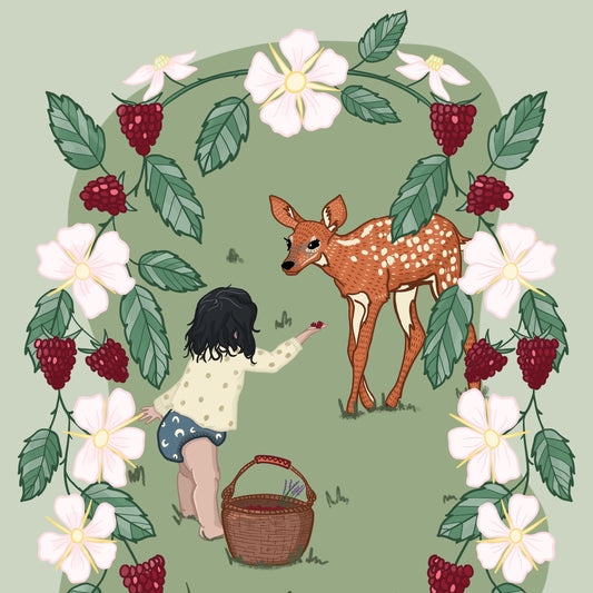 Illustrated gift card depicting a child interacting with nature, surrounded by floral elements and a deer, with a 'Loving Nature' banner at the bottom.